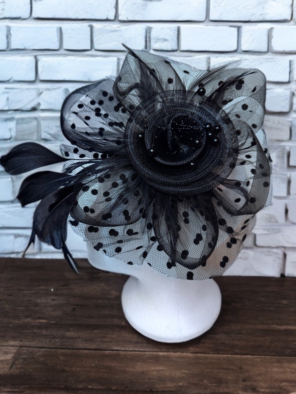 Dramatic Black Tulle Flower, feathers & Pearls Fascinator Headband With clip